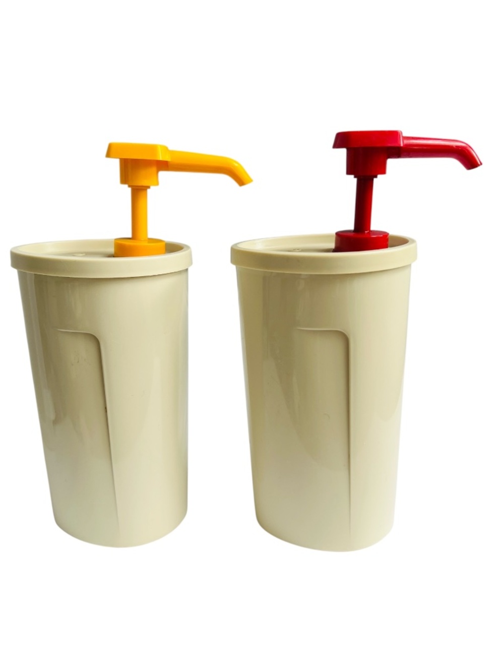 Vintage Tupperware Ketchup & Mustard Pump Dispenser Beige Red Yellow 8" Tall